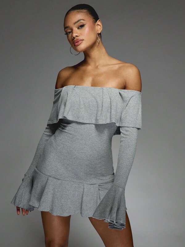 missguided MISSGUIDED Boho Ruffle Bardot Long Sleeve Knitted Short Dress