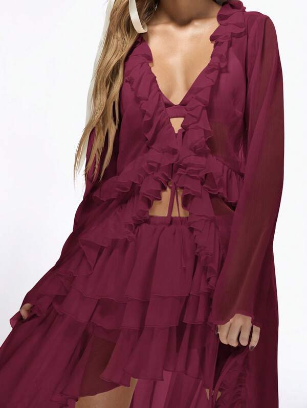 Missguided MISSGUIDED Boho Ruffle Longline Chiffon Blouse High Low Hem Button Front
