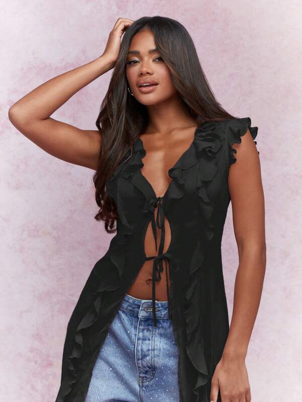 Missguided MISSGUIDED Boho Ruffle Sleeveless Butterfly Style Top