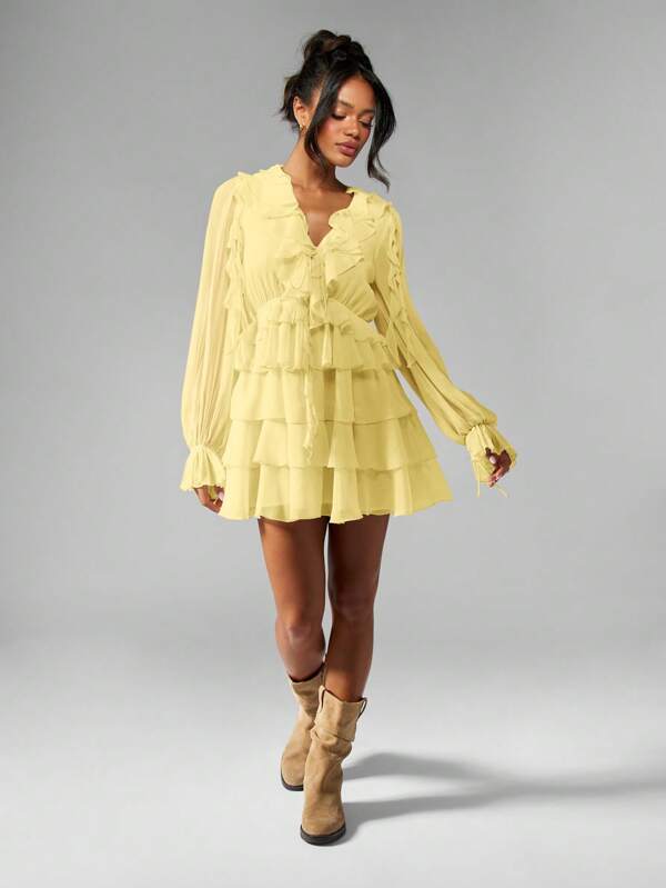 Missguided MISSGUIDED Boho Ruffle Tiered Chiffon Mini Dress Balloon Long Sleeve