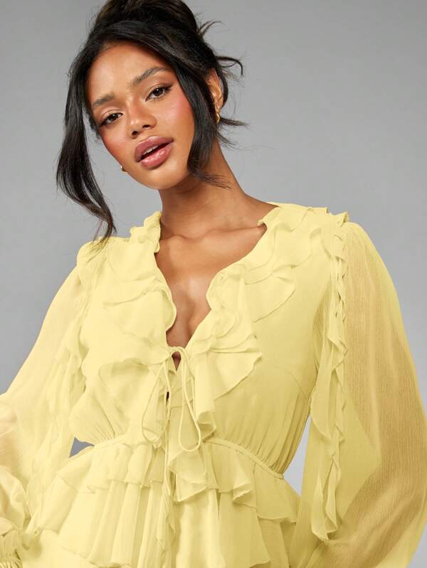 Missguided MISSGUIDED Boho Ruffle Tiered Chiffon Mini Dress Balloon Long Sleeve