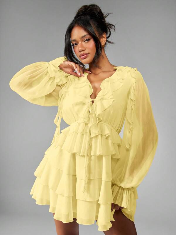 missguided MISSGUIDED Boho Ruffle Tiered Chiffon Mini Dress Balloon Long Sleeve