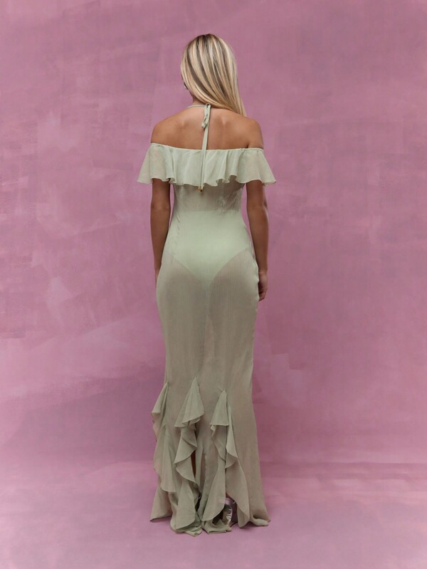Missguided MISSGUIDED Boho Sage Green Ruffle Flowy Maxi Dress