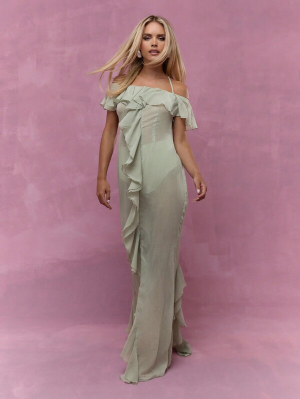 missguided MISSGUIDED Boho Sage Green Ruffle Flowy Maxi Dress