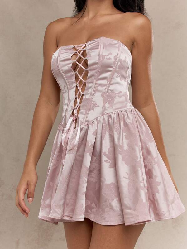 Missguided MISSGUIDED Boho Satin Lace Up Corset Detail Ruffled Hem Bandeau Dress