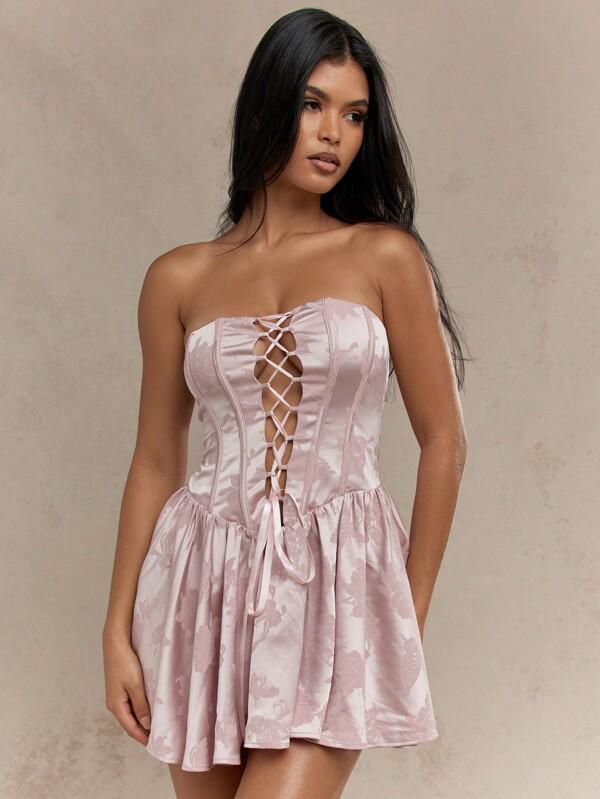 missguided MISSGUIDED Boho Satin Lace Up Corset Detail Ruffled Hem Bandeau Dress