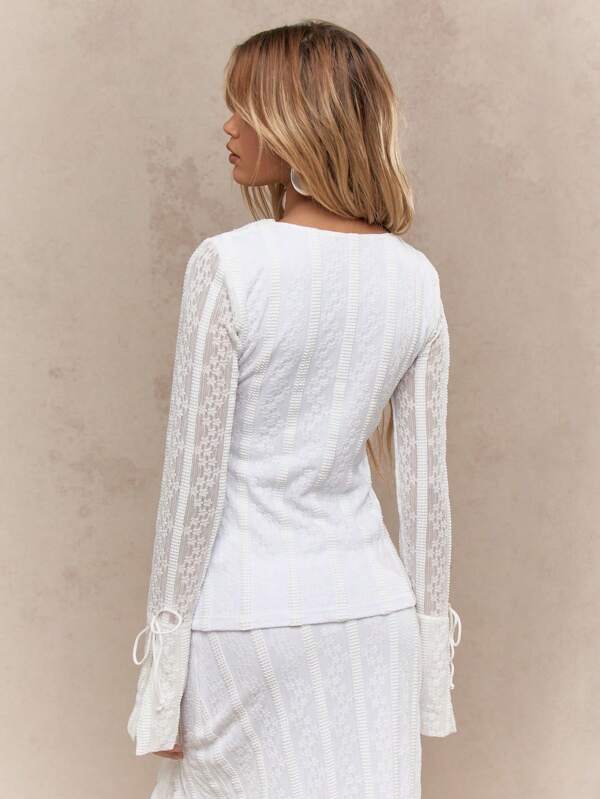 Missguided MISSGUIDED Boho Sheer Lace Ruffle Bow Detail Long Sleeves Top