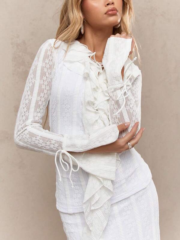 Missguided MISSGUIDED Boho Sheer Lace Ruffle Bow Detail Long Sleeves Top