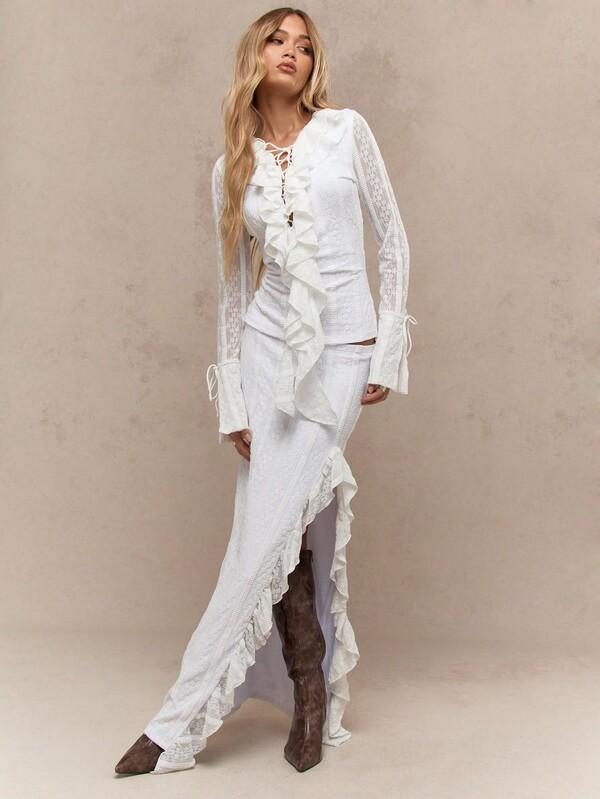 Missguided MISSGUIDED Boho Sheer Lace Ruffle Bow Detail Long Sleeves Top