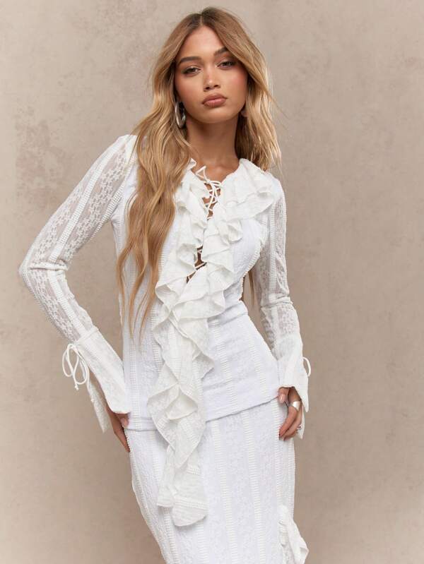 missguided MISSGUIDED Boho Sheer Lace Ruffle Bow Detail Long Sleeves Top