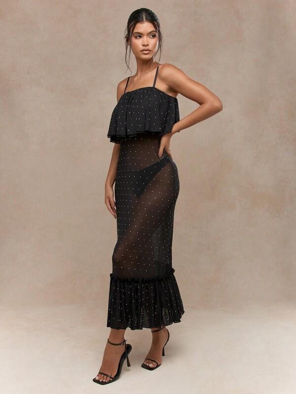 Missguided MISSGUIDED Boho Sheer Polka Dot Ruffle Hem And Bust Detail Cami Maxi Dress