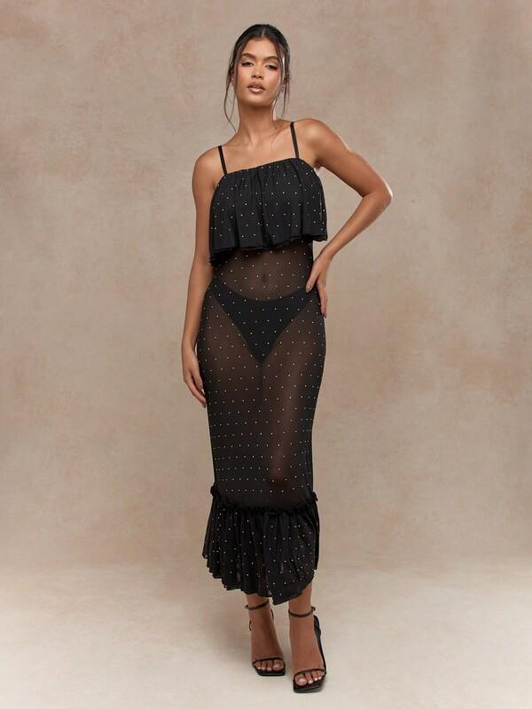 missguided MISSGUIDED Boho Sheer Polka Dot Ruffle Hem And Bust Detail Cami Maxi Dress