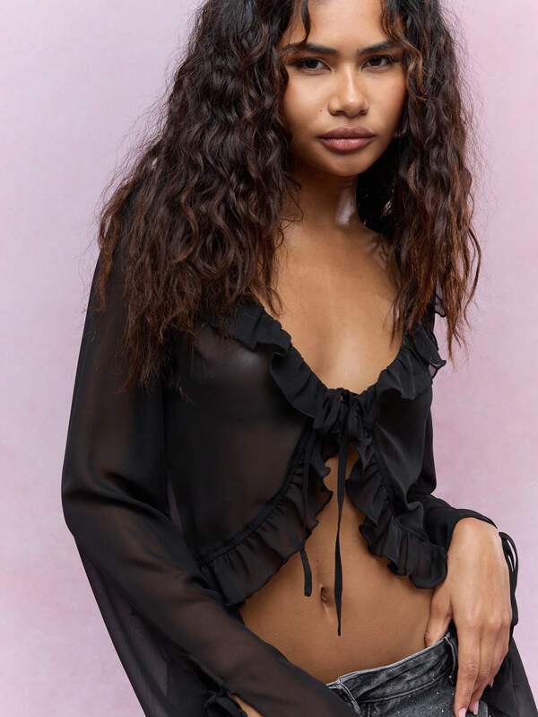 Missguided MISSGUIDED Boho Sheer Ruffle Detail Blouse With Tying