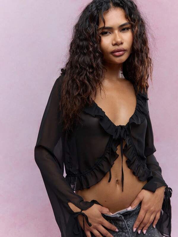 Missguided MISSGUIDED Boho Sheer Ruffle Detail Blouse With Tying