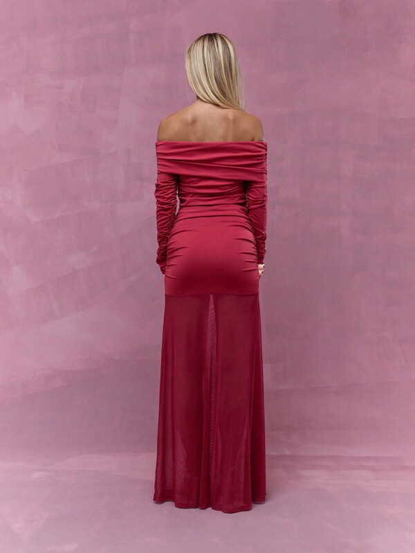 Missguided MISSGUIDED Boho Sheer Ruffle Hem Long Sleeve Off-Shoulder Maxi Dress