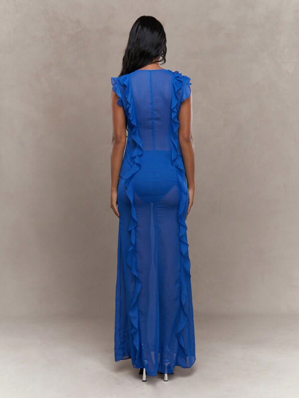 Missguided MISSGUIDED Boho Sheer Ruffle Sleeveless Maxi Dress