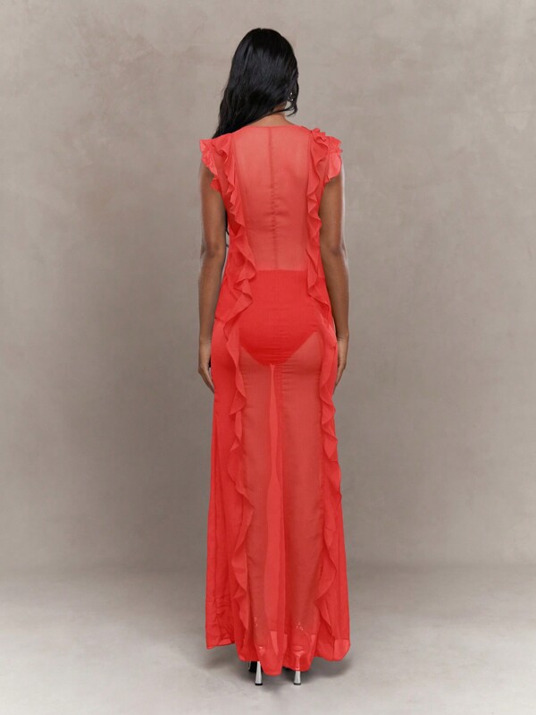 Missguided MISSGUIDED Boho Sheer Ruffle Sleeveless Maxi Dress