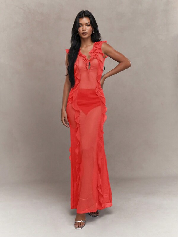 missguided MISSGUIDED Boho Sheer Ruffle Sleeveless Maxi Dress