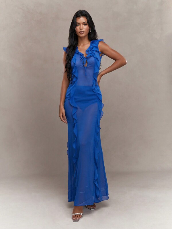 missguided MISSGUIDED Boho Sheer Ruffle Sleeveless Maxi Dress