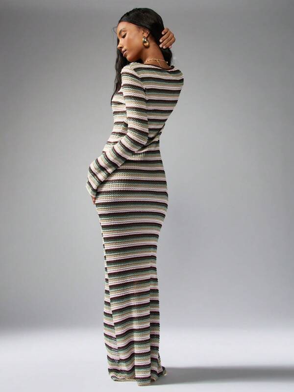 Missguided MISSGUIDED Boho Striped Crochet Tie-Front Split Side Maxi Dress