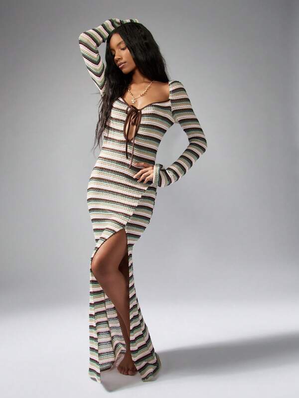 missguided MISSGUIDED Boho Striped Crochet Tie-Front Split Side Maxi Dress