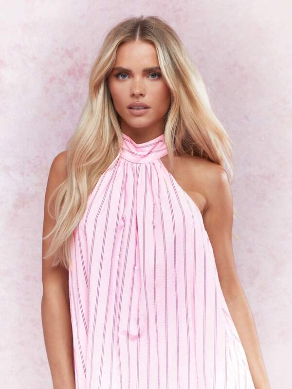 Missguided MISSGUIDED Boho Striped Halter Neck Ruffled Hem Mini Dress Cute Sundress