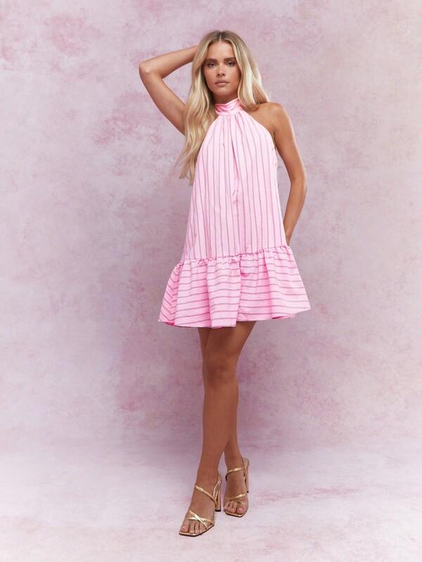 Missguided MISSGUIDED Boho Striped Halter Neck Ruffled Hem Mini Dress Cute Sundress