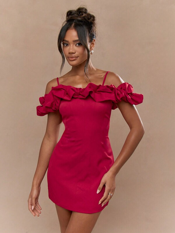 missguided MISSGUIDED Boho Tailored Balloon Ruffle Spaghetti Strap Pleat Stitch Tulip Mini Dress