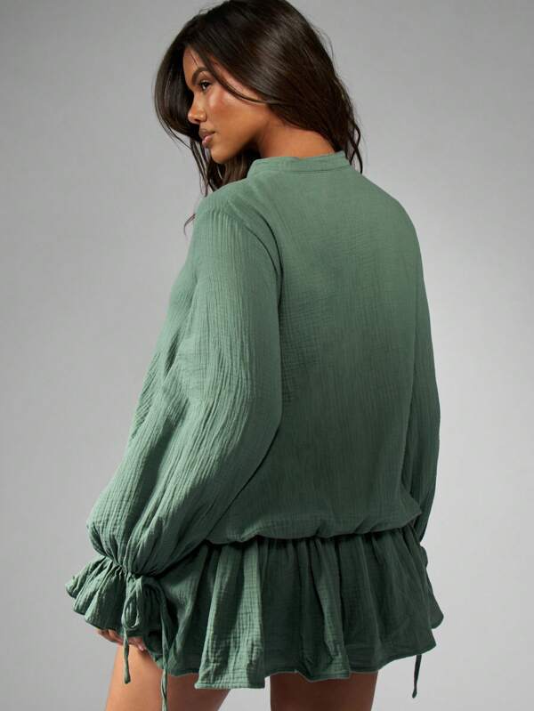 Missguided MISSGUIDED Boho Tie Front Balloon Sleeve Ruffled Hem Mini Dress