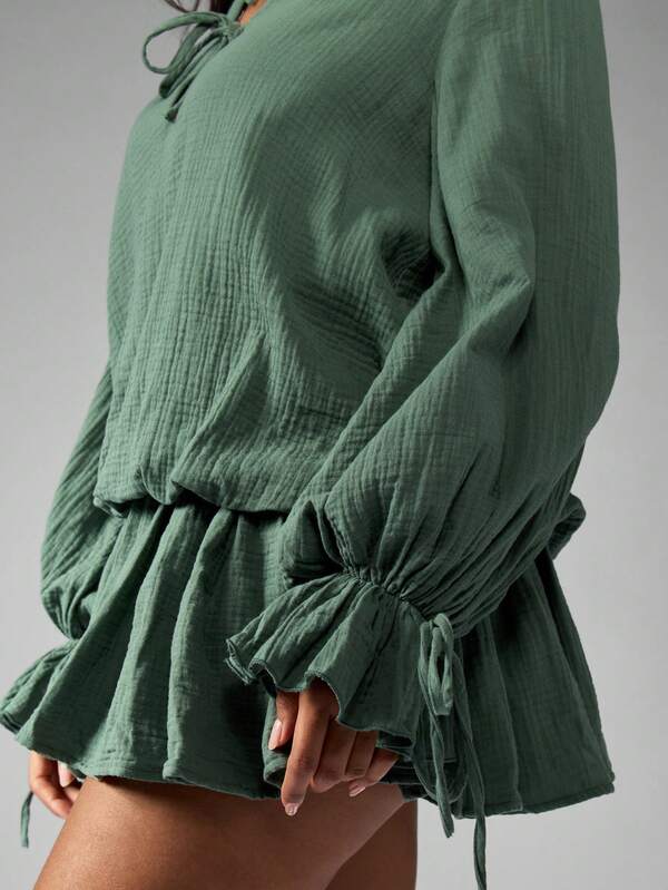 Missguided MISSGUIDED Boho Tie Front Balloon Sleeve Ruffled Hem Mini Dress