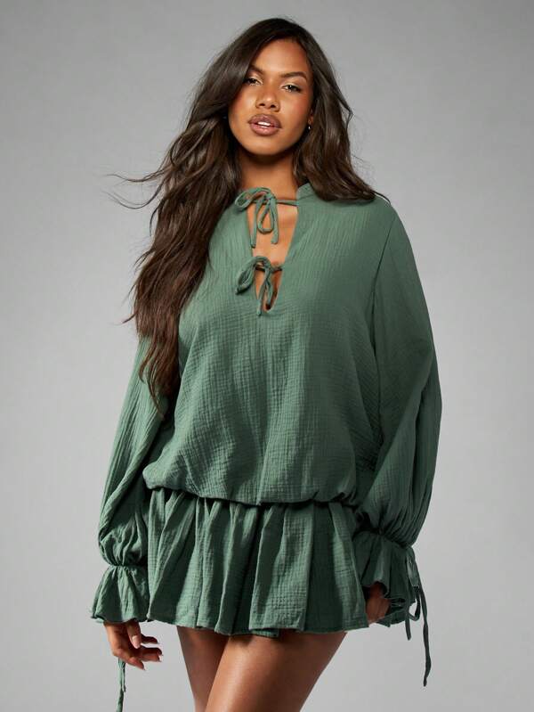 missguided MISSGUIDED Boho Tie Front Balloon Sleeve Ruffled Hem Mini Dress