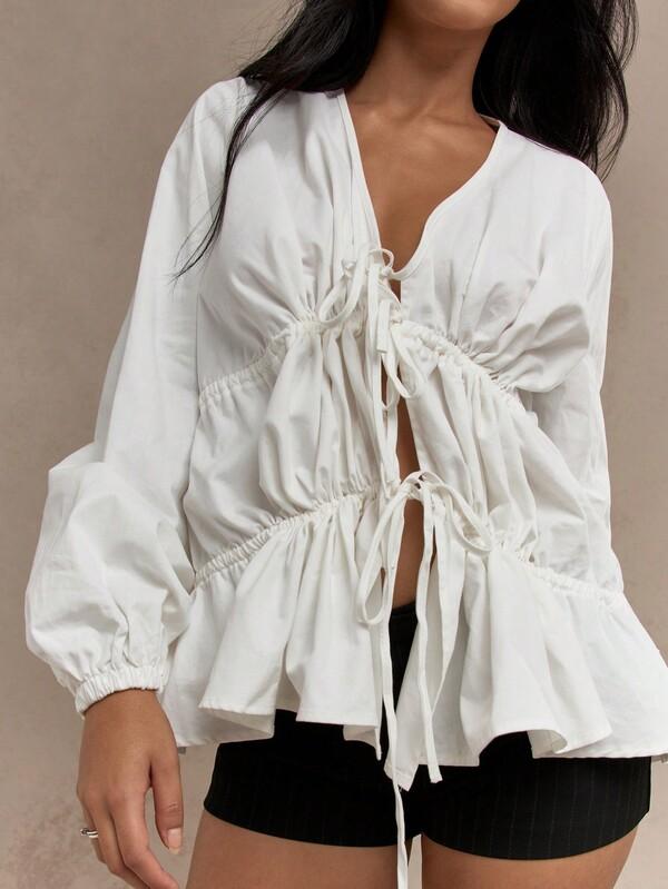 Missguided MISSGUIDED Boho Tiered Ruched Balloon Long Sleeves Blouse Butterfly Style Top