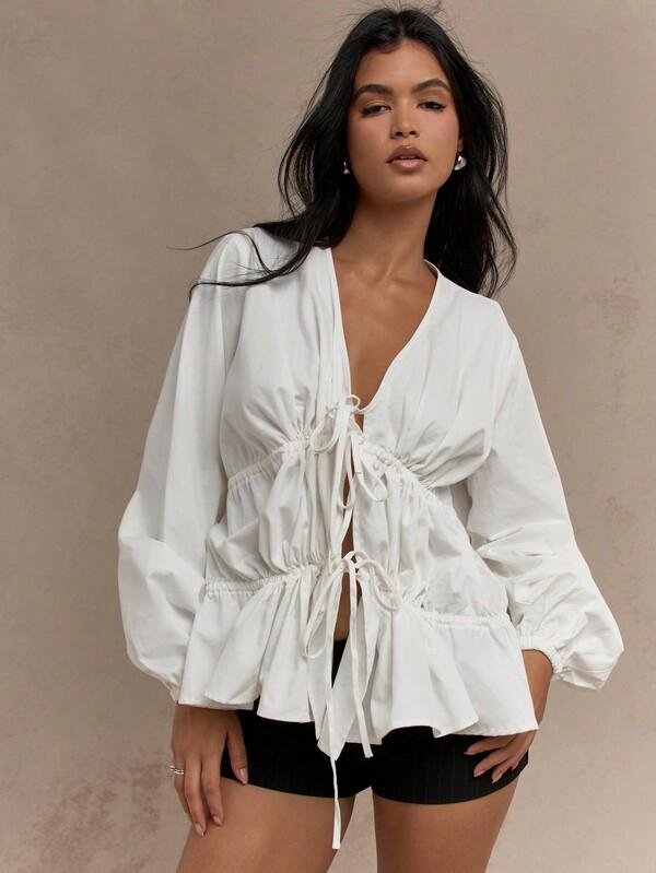 Missguided MISSGUIDED Boho Tiered Ruched Balloon Long Sleeves Blouse Butterfly Style Top