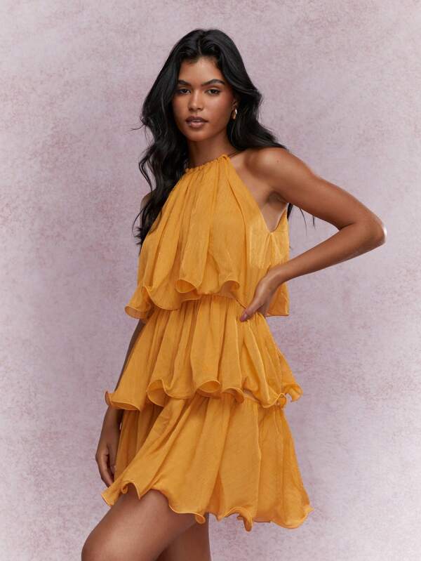 missguided MISSGUIDED Boho Tiered Ruffle Halter Neck Mini Dress Cute Sundress