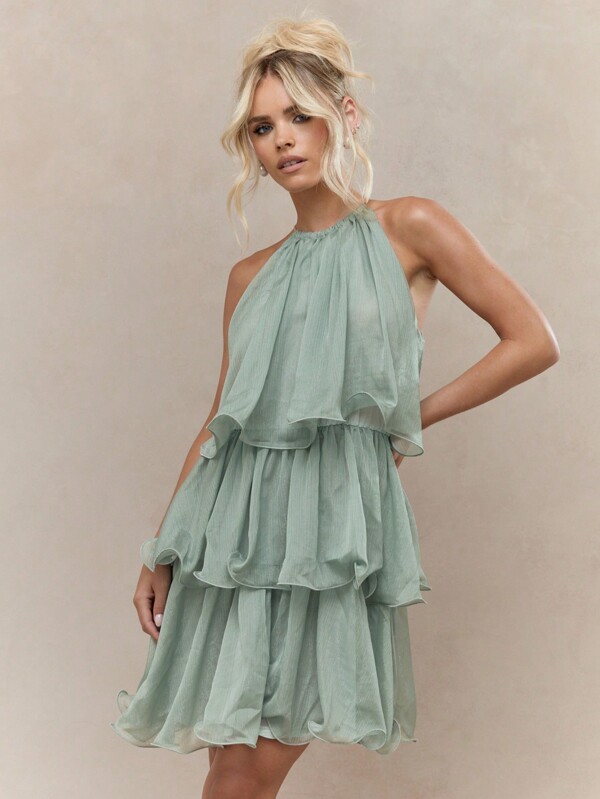 missguided MISSGUIDED Boho Tiered Ruffle Halter Neck Mini Dress Cute Sundress