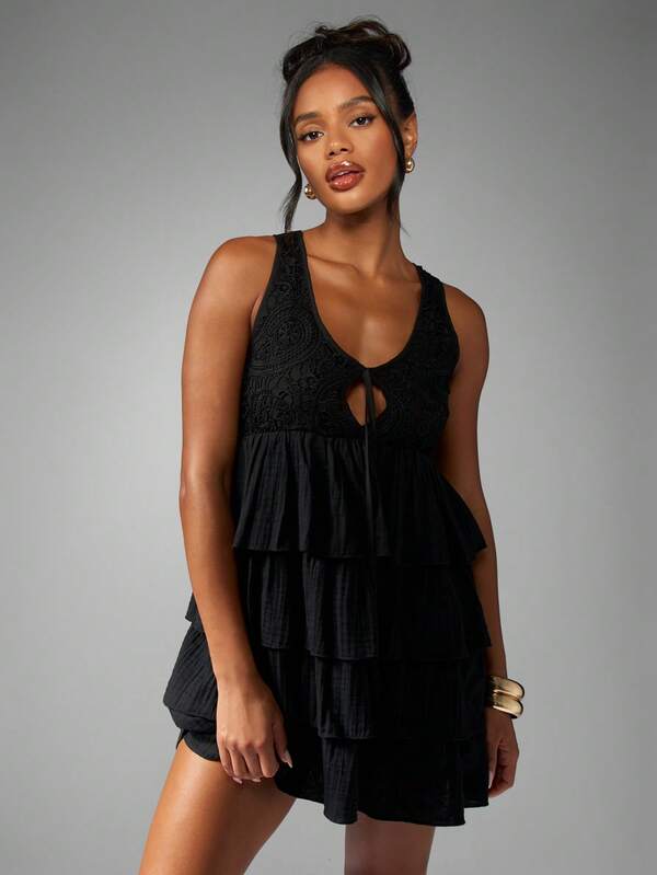 Missguided MISSGUIDED Boho Tiered Ruffle Layer Mini Dress With Lace Bodice And Tie Front