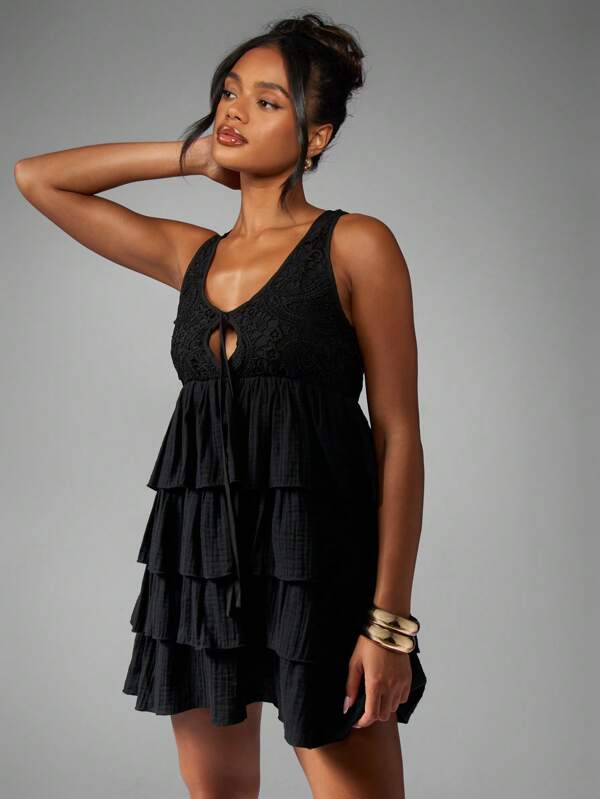 missguided MISSGUIDED Boho Tiered Ruffle Layer Mini Dress With Lace Bodice And Tie Front