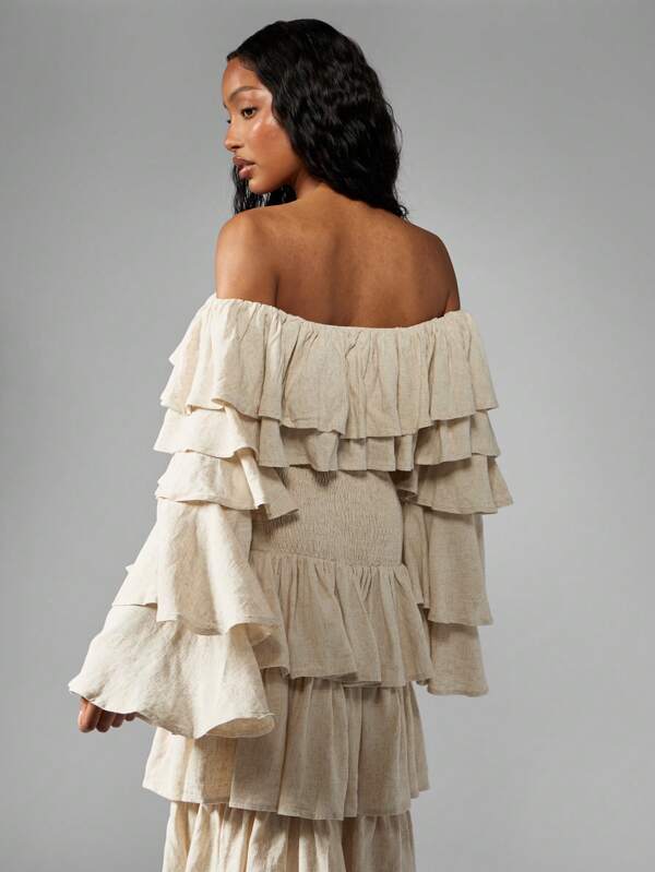 Missguided MISSGUIDED Boho Tiered Ruffle Off-Shoulder Linen Tops