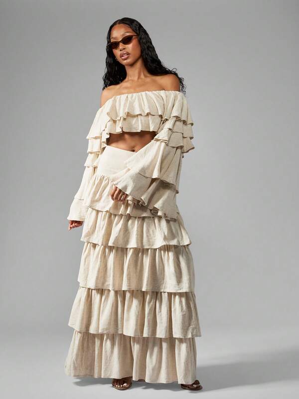Missguided MISSGUIDED Boho Tiered Ruffle Off-Shoulder Linen Tops