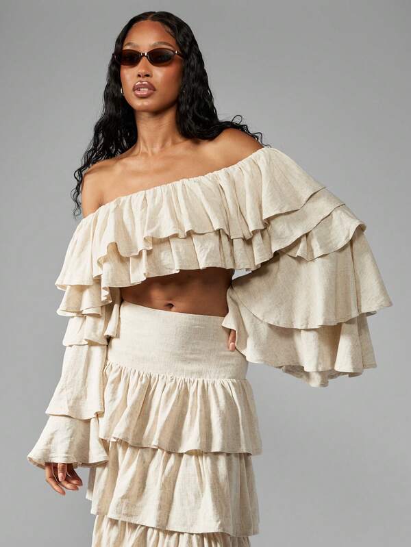 Missguided MISSGUIDED Boho Tiered Ruffle Off-Shoulder Linen Tops
