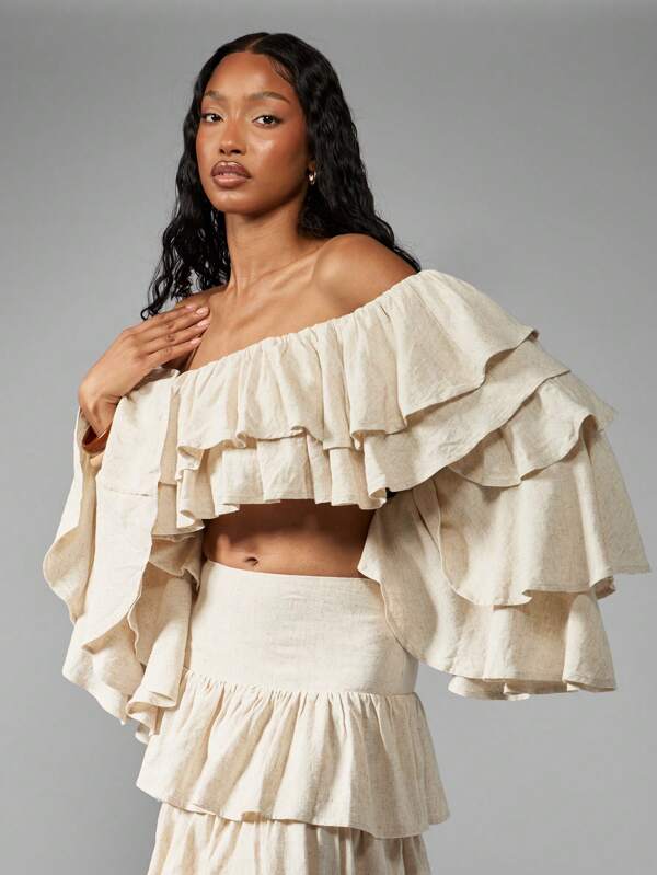 missguided MISSGUIDED Boho Tiered Ruffle Off-Shoulder Linen Tops