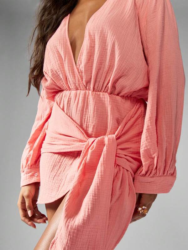 Missguided MISSGUIDED Boho Wrap Mini Dress With Knot Front And Balloon Sleeves