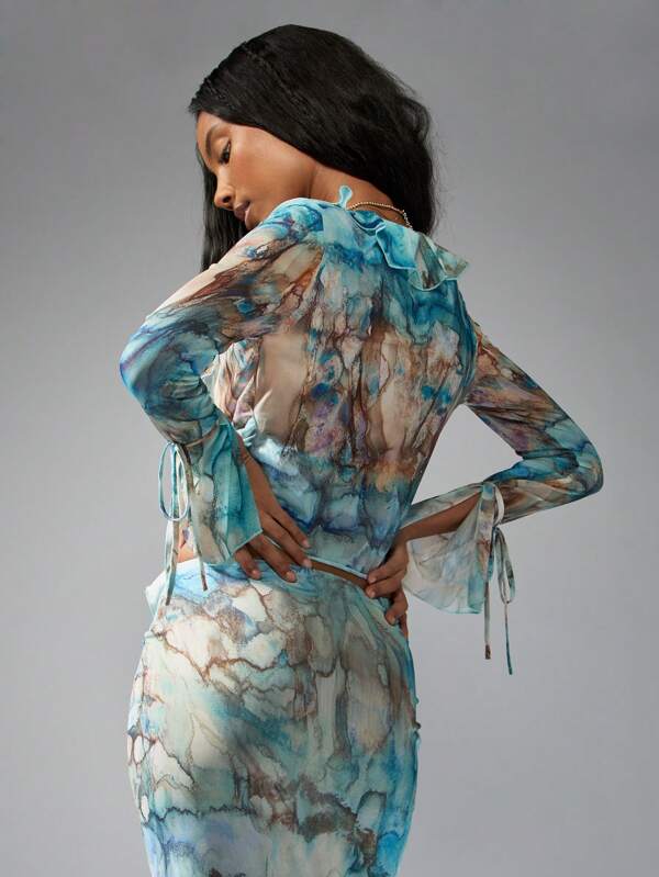 Missguided MISSGUIDED Boho Y2K Watercolor Print Mesh Ruffle Crop Top