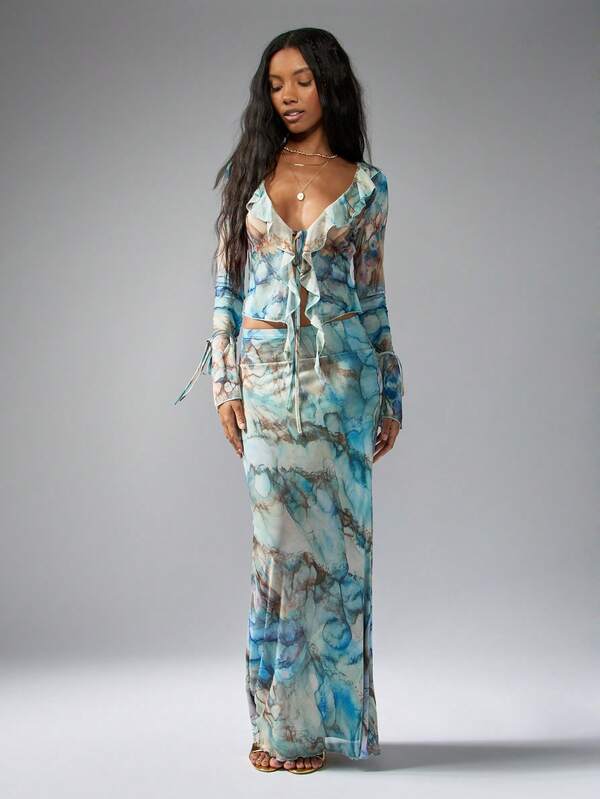 Missguided MISSGUIDED Boho Y2K Watercolor Print Mesh Ruffle Crop Top