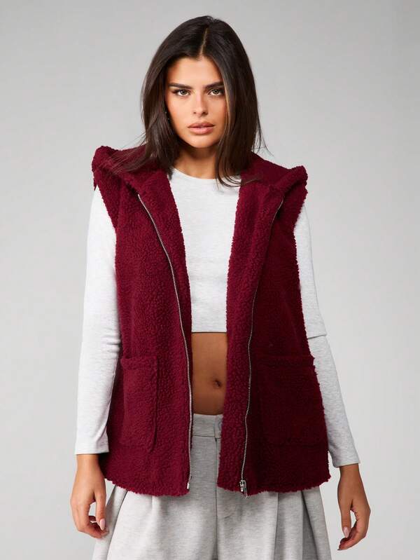 missguided MISSGUIDED Borg Sherpa Hooded Gilet With Zip