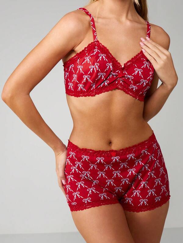 Missguided MISSGUIDED Bow Print Lace Trim Bralette Set