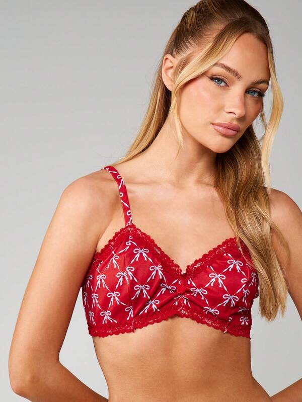Missguided MISSGUIDED Bow Print Lace Trim Bralette Set