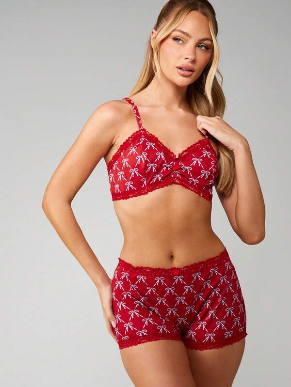 missguided MISSGUIDED Bow Print Lace Trim Bralette Set