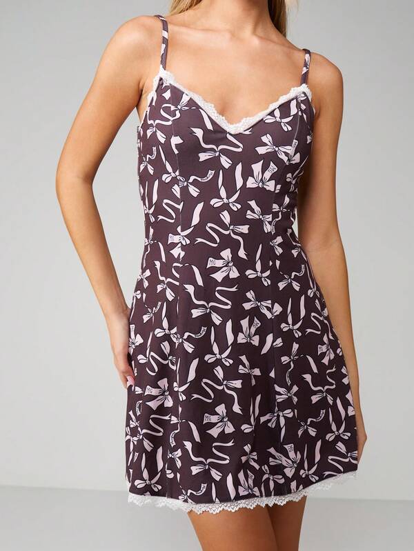 Missguided MISSGUIDED Bow Print Lace Trim Cami Dress