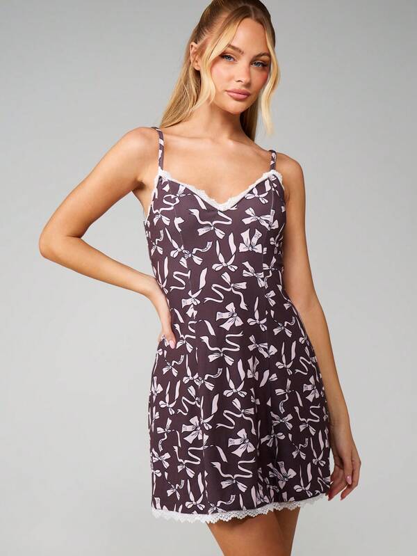 missguided MISSGUIDED Bow Print Lace Trim Cami Dress